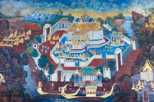 Wandgemälde mit Szenen aus dem Ramayana im Wat Phra Kaeo, dem Königlichen Großen Palast, Bangkok, Thailand