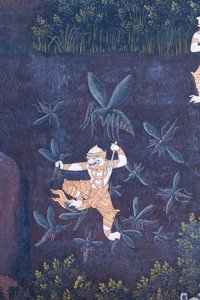 Wandgemälde mit Szenen aus dem Ramayana im Wat Phra Kaeo, dem Königlichen Großen Palast, Bangkok, Thailand von Thai School