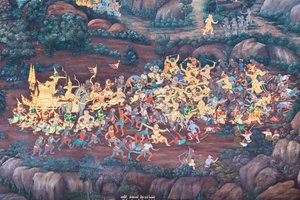 Wandgemälde mit Szenen aus dem Ramayana im Wat Phra Kaeo, dem Königlichen Großen Palast, Bangkok, Thailand