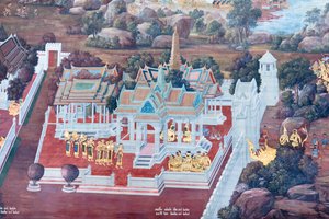 Wandgemälde mit Szenen aus dem Ramayana im Wat Phra Kaeo, dem Königspalast, Bangkok, Thailand