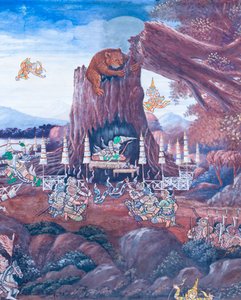 Wandgemälde mit Szenen aus dem Ramayana im Wat Phra Kaeo, dem Königspalast, Bangkok, Thailand von Thai School