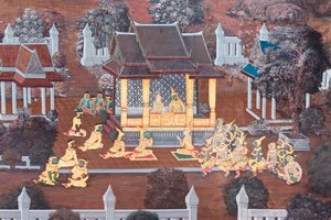 Wandgemälde mit Szenen aus dem Ramayana im Wat Phra Kaeo, dem Königspalast, Bangkok, Thailand