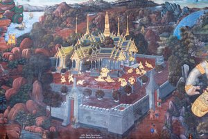 Wandmalerei, die Szenen aus dem Ramayana im Wat Phra Kaeo, dem Königlichen Großen Palast, Bangkok, Thailand, darstellt