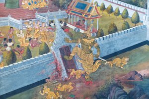 Wandgemälde mit Szenen aus dem Ramayana im Wat Phra Kaeo, dem Königlichen Großen Palast, Bangkok, Thailand