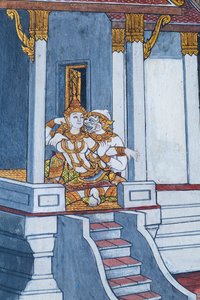 Wandgemälde mit Szenen aus dem Ramayana im Wat Phra Kaeo, dem Königlichen Großen Palast, Bangkok, Thailand