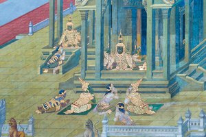 Wandgemälde mit Szenen aus dem Ramayana im Wat Phra Kaeo, dem Königlichen Großen Palast, Bangkok, Thailand