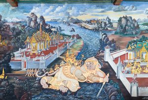 Wandgemälde mit Szenen aus dem Ramayana im Wat Phra Kaeo, dem Königlichen Großen Palast, Bangkok, Thailand