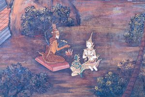 Wandgemälde mit Szenen aus dem Ramayana im Wat Phra Kaeo, dem Königlichen Großen Palast, Bangkok, Thailand von Thai School