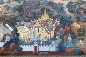 Wandgemälde mit Szenen aus dem Ramayana im Wat Phra Kaeo, dem Königspalast, Bangkok, Thailand