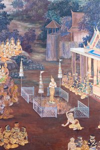 Wandgemälde mit Szenen aus dem Ramayana im Wat Phra Kaeo, dem Königspalast, Bangkok, Thailand
