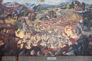 Wandgemälde mit Szenen aus dem Ramakian im Wat Phra Kaeo, dem Königlichen Großen Palast, Bangkok, Thailand