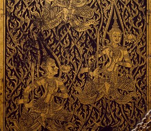 Kleiderschrank für Sutra, geschnitztes und lackiertes Holz, aus Bangkok, Thailand, Detail, thailändische Zivilisation, frühes 19. Jahrhundert von Thai School