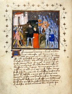 (Ganzes Folio) König Richard II., von Henry Bolingbroke nach London geführt, verzichtet auf den Thron; dekorierter Rand mit Text darunter. von The Virgil Master
