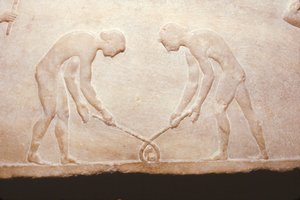 Griechische Spiele von einem Marmorreliquiar, ca. 490 v. Chr.
