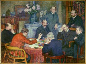La Lecture (1903), inszeniert um Emile Verhaeren (1855-1916), belgischer sozialistischer Dichter, Maler Cross, Schriftsteller Maurice Maeterlinck, Andre Gide und Francis Viele-Griffin, Biologe Henri Gheon, Arzt Felix Le Dantec und Felix Feneon, der eine Zi