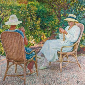 Maria und Elisabeth van Rysselberghe stricken im Garten, ca. 1912 von Théo van Rysselberghe