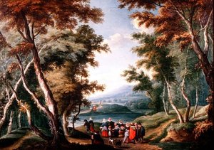 Waldlandschaft mit Obstverkäufern und anderen Figuren