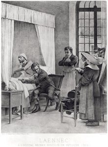 Rene Theophile Hyacinthe Laennec hört die Brust eines Mannes mit Tuberkulose ab, 1816