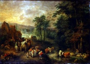 Bewaldete Landschaft mit Bauern und Wagen