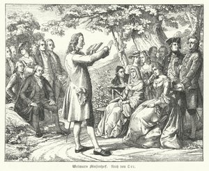 Der Weimarer Musenhof: Der deutsche Dichter und Dramatiker Friedrich Schiller liest im Schloss Tiefurt, mit Christoph Martin Wieland, Johann Wolfgang Goethe und Johann Gottfried Herder unter den Zuhörern von Theobald Reinhold von Oer