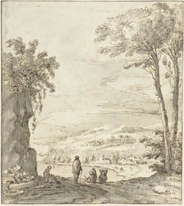 Italienische Flusslandschaft mit Spaziergängern bei einem Felsen von Theodoor Wilkens