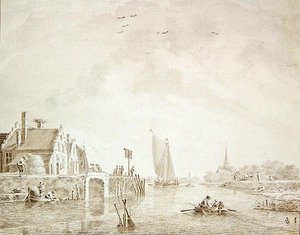 Schiffe in einer Mündung bei einem Dorf mit einer Stadt in der Ferne von Theodor Verrijk