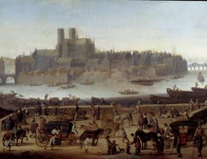 Der Kai und die Brücke von Tournelle in Paris (Detail). Ansicht der Docks und der Insel La Cite. Gemälde zugeschrieben Theodor Matham (1606-1676) 1646