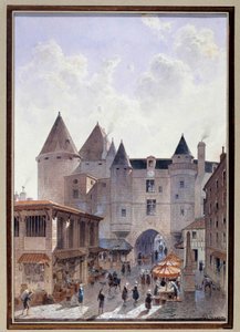 Ansicht des Grand Chatelet von der Rue Saint Denis in Paris Aquarell von Theodor Joseph