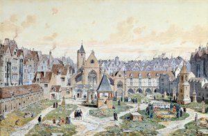 Ansicht des Friedhofs der Unschuldigen in Paris im Jahr 1550