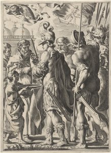 Alexander der Große schneidet den Gordischen Knoten mit seinem Schwert durch von Theodor Matham