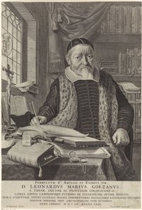 Porträt von Leonard Marius van der Goes in einem Studierzimmer von Theodor Matham