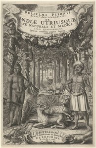 Zwei Männer und wilde Tiere vor einem Wald (Titelblatt für: Indiae Utriusque, 1658) von Theodor Matham