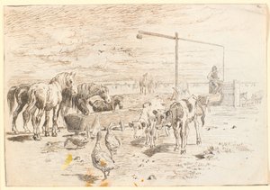Pferde, Kälber und Gänse am Hollænderbrunnen auf Saltholm von Theodor Philipsen
