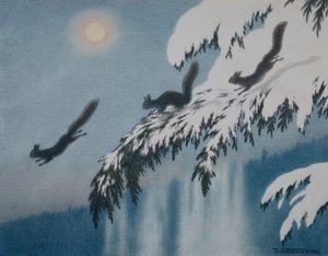 Winterabend - Eichhörnchen im Flug von Theodor Kittelsen