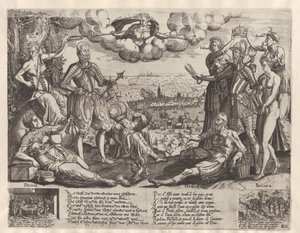 Vergleich zwischen Oranien und Alva, mit im Hintergrund die Spanische Furie, ca. 1577