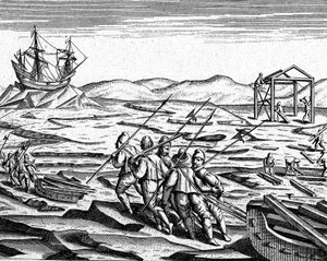 Bau eines Hauses für den Winter am Nordpol von Theodor de Bry