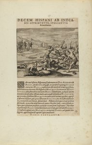 Zehn Spanier werden von Indianern überwältigt, beraubt und getötet. (aus dem Buch, Americae, Teile sieben und acht) von Theodor de Bry