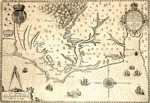 Karte von 1590, graviert von Theodore de Bry nach einem Aquarell des englischen Kolonisten John White, Gouverneur von Roanoke. Virginia und Küste mit kleinen Inseln und Roanoke an der Flussmündung. Secotan und Weapemeoc Indianergebiete.