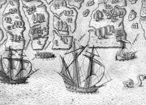 Die französischen Forscher erkunden sechs Flüsse an der Küste Floridas von Theodor de Bry