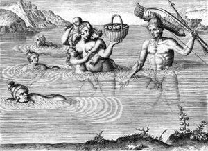 Timucuan-Indianerfamilie überquert einen Fluss