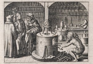 Drei Gelehrte im Alchemielabor mit Ofen und Instrumenten