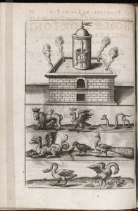 Ein Alchemieofen und symbolische Tiere der Alchemie