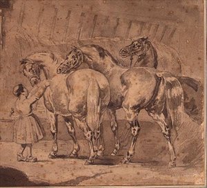 Kleines Mädchen, das Pferde in einem Stall füttert von Theodore (attr. to) Gericault