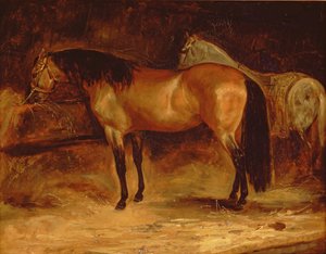 Ein braunes Pferd an einer Krippe, mit einem grauen Pferd in einer Decke von Theodore Gericault