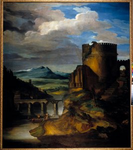 Große Landschaft Italiens, Landschaft mit Ruinen, Turm und Brücke, von Théodore Géricault (1791-1824), 19. Jahrhundert von Theodore Gericault