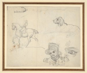 Seite mit Skizzen (Reiter, Hund, Soldatenkopf) von Theodore Gericault