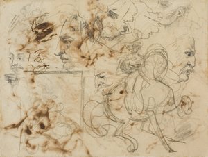Skizzen von Männergesichtern, Pferdeschnauzen und berittenen Soldaten von Theodore Gericault