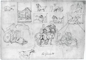 Studie von Pferden (recto); Ein Wagen gefolgt von einem Schildträger (verso)