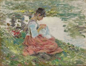 Mädchen näht am Fluss, ca. 1891