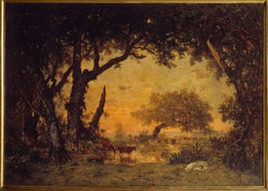 Ausgang des Waldes in Fontainebleau, Sonnenuntergang. Gemälde von Theodore Rousseau (1812-1867) 19. Jahrhundert